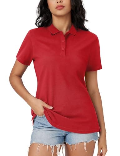 MAGCOMSEN Polo Shirts for Ladies 3-Button Cotton Short Sleeve Breathable Shirts Moisture Wicking Collar Shirt Tomato Red, S