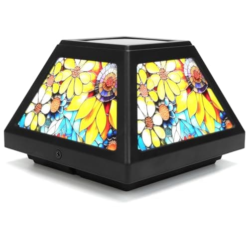 sunpo Solar Post Cap Lights - 4x4, 5x5, 6x6 Fence Post Solar Lights, Sunflower Lampshade, 15LM Bright LED, IP65 Waterproof Outdoor Post Lights for Garden, Yard, Deck, Warm White (Sunflower, 4)