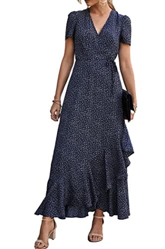PRETTYGARDEN Women's Boho Floral Summer Maxi Dresses, Blue,XL