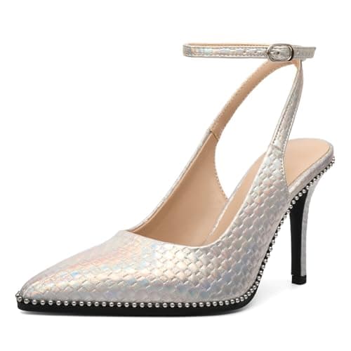 Soireelady Womens Silver Heels Ankle Strap Slingback Heels Pointed Toe Stilettos Beaded High Heel Pumps 3.5 Inches Silver Sparkly US Size 7.5C