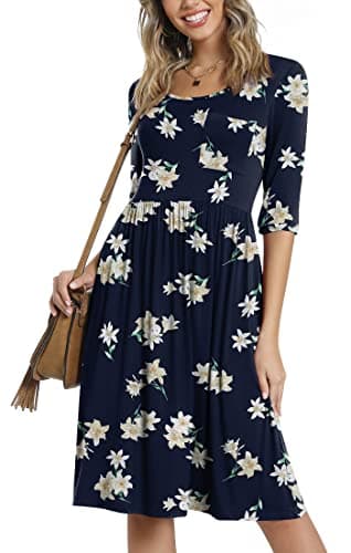 CATHY Women's 3/4 Sleeve 2026 Casual High Waist Round Neck Midi Dress with Pockets, 2XL, Blue-Lily