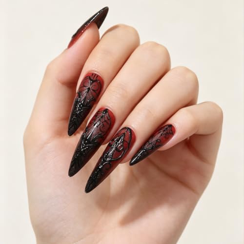 Halloween Press on Nails Long Dark Red Almond Fake Nails with 3D Goth Stripe Designs Red Halloween Acrylic False Nails Full Cover Reusable Stick on Nails for Women and Girls 24Pcs