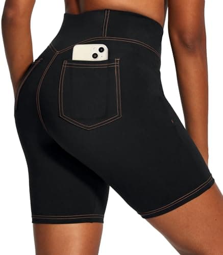 IUGA Biker Shorts Women 6" Tummy Control Workout Shorts Women with Pockets High Waisted Yoga Running Gym Spandex Compression Denim Black