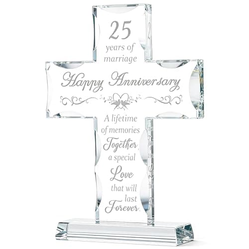 GIRVEM 25th Wedding Anniversary Glass Cross Gifts for Couple, Wedding Anniversary Keepsake for Him Her, Laser Engraved Glass Standing Cross Decoration
