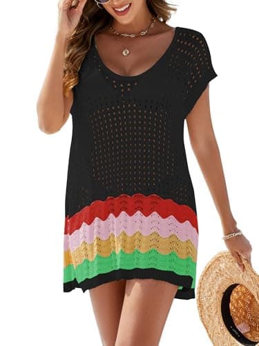 VIAURBE Women's Swimsuit Crochet Cover Up V Neck Hollow Out Bathing Suit Coverup Color Block Side Split Mini Dress Black L