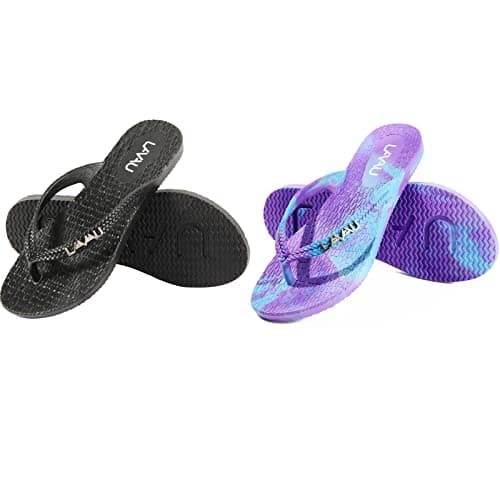 LAVAU Black Flip Flops for Women 2 Packs, Beach Summer Casual Sandals, Waterproof and Anti Slip W-hei+lanzi-7