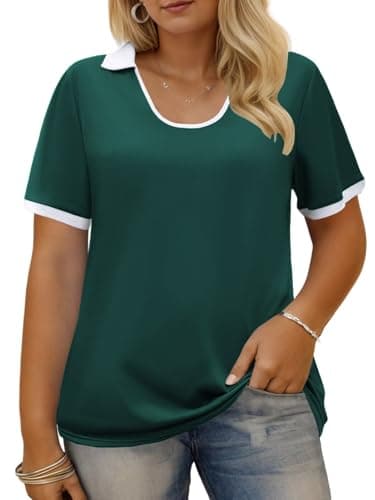 Womens Summer Tops Plus Size Cute Collar Shirts Dressy U Neck Trendy Cozy Short Sleeve Tees 2XL Dark Green