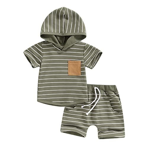 FOCUSNORM Toddler Baby Boy Summer Clothes Stripe Short Sleeve Hooded T-Shirt Elastic Waist Shorts Newborn Infant Boy Outfits (Stripe Army Green, 12-18 Months)