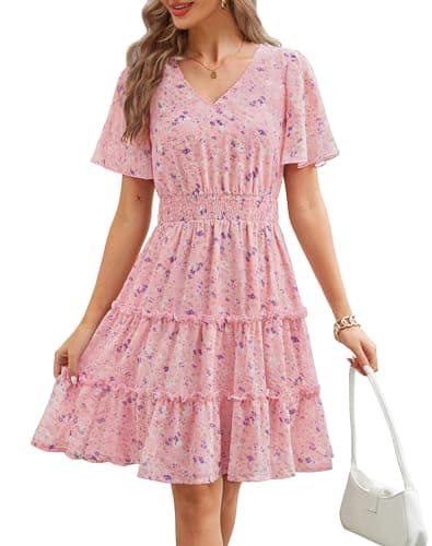 Zattcas Flutter Sleeve Floral Summer Dresses for Women Pinkpurple S