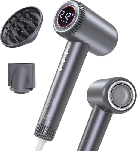 Hair Dryer, 180000 RPM High-Speed Blow Dryer, Negative Lonic Professional Care Hair Dryer, 1600W Low Noise Brushless Motor, Thermo-Control with Magnetic Diffuser and Nozzle for Travel, Salon(Grey)