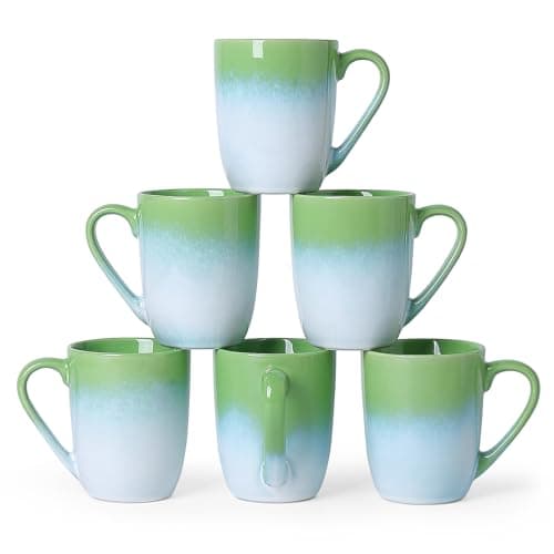 MONITO 14 OZ Coffee Mugs Set of 6, Large Ceramic Blue Coffee Mugs Set with handle for Tea/Latte/Milk/Cocoa, Funny Tea Cups for Office and Home, Engagement Gifts. (White-green)