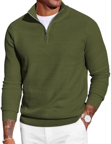 COOFANDY Mens Quarter Zip Pullover Knit Slim Fit Dress Sweater Lightweight