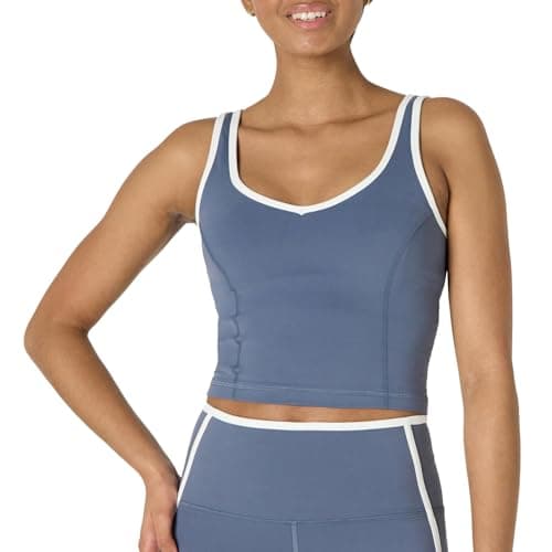 Amazon Essentials Women's Active FormFlex Buttery Soft Light Support Crop Tank with Bra and Contrast Trim, Slate Grey/White, XX-Large