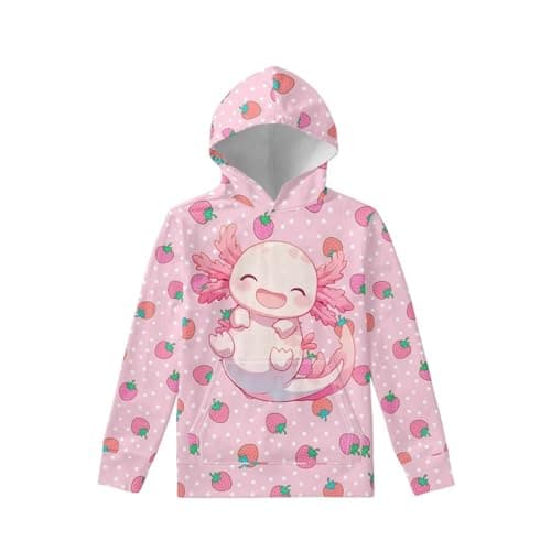 WELLFLYHOM Axolotl Girls Graphic Hoodies 11-13 Long Sleeve Sweatshirts Strawberry Athletic Pullover Kids Sweater with Front Pockets for Workout Yoga Sports