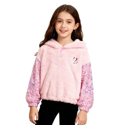WELAKEN Girls' Button-Detail Fuzzy Sherpa Fleece Hoodie with Unicorn Patch & Sequin Sleeves – Cozy & Warm Kids' Pullover