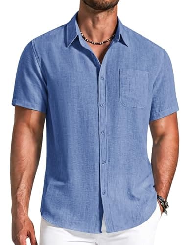 COOFANDY Men's Button Down Shirts Short Sleeve Casual Shirt Summer Beach Textured Shirts Bright Blue