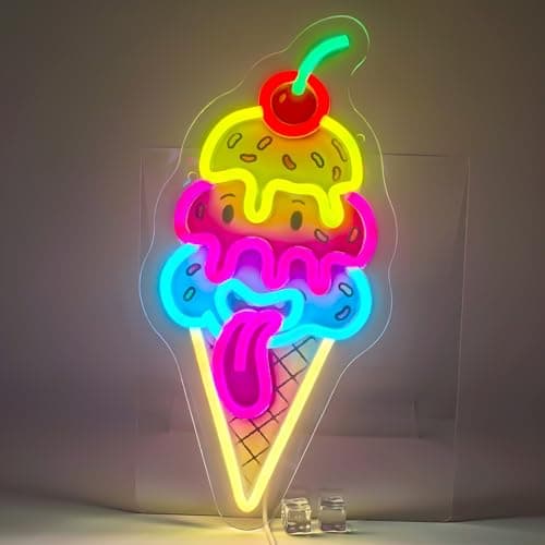 Cute Ice Cream Neon Sign – LED Neon Light Wall Decor with Cherry, Colorful Cone Design, 7.1x12.4 Inches, USB Powered Neon Sign for Bedroom, Kids Room, Game Room, Party Decorations