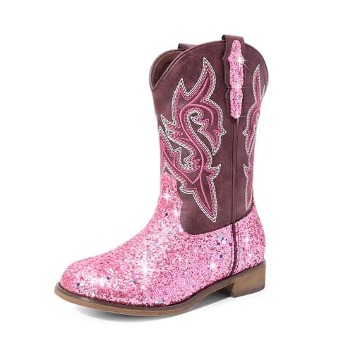 DREAM PAIRS Girls Cowgirl Boots Glitter Toddler Cowboy Boots Child Mid Calf Riding Shoes Party Birthday Dress Up for Toddler/Little/Big Kid,Size 8 Toddler,Pink,SKMB26002K