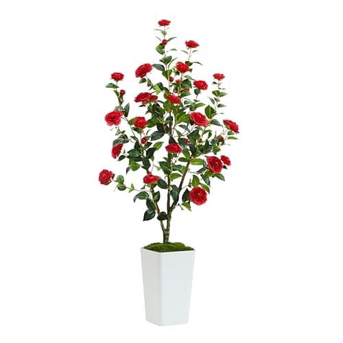 Artificial Camellia Tree 5FT Artificial Trees Indoor Fake Plant Blooming Tree with Red Flowers & White Tall Planter, Faux Camellia Plants for Porch Home Room Bedroom Office Front Door Outdoor Decor