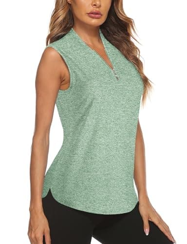Cucuchy Style Women Golf Shirt, Tennis Shirts 1/4 Zip Up Polo Sleeveless Yoga Tops Quick Dry Moisture Wicking Summer Workout Apparel Deep Green 2XL