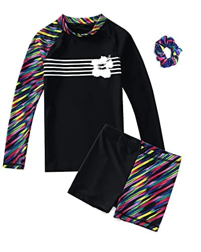 Girls Long Sleeve Swimsuits 2 Pieces Set Rash Guard Swimwear Quick Dry Surfing Wetsuit for Kids Bathing Suit 5-16 Years Black