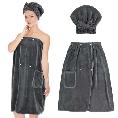 SUNLAND Microfiber Bath Towel Wrap & Hair Drying Towel Set, Dgrey, 32x60In