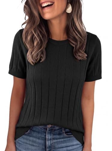 Bellcoco Womens Short Sleeve Sweater, Lightweight Wool Blend Knit Top Black