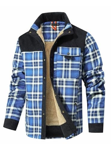 HYPESTFIT Men's Corduroy Plaid Sherpa Lined Flannel Shirt Jacket Fleece Coat