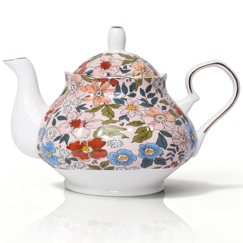 LEAZUL 33.8 oz Porcelain Tea Pot Luxury Gold Trim Floral Ceramic Teapot Waterpot Tea Maker for Blooming Loose Leaf Tea Coffee Milk Chrismas Women Gift Housewarming Home Kitchen Décor (Vintage Pink)