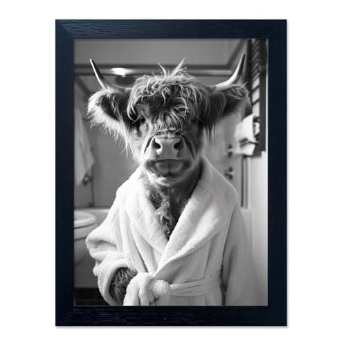 Highland Cow Brushing Teeth Bathroom Wall Decor, Black and White Bathroom Wall Art, Framed Funny Cow Pictures Guest Room Decor