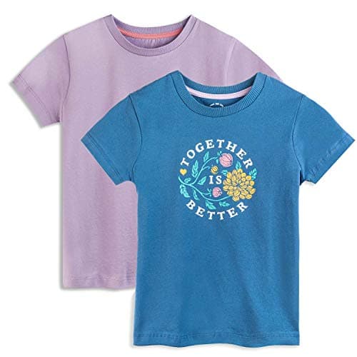 Mightly Girls' Crewneck Short Sleeve T Shirts | 100% Organic Cotton, Colorful Casual Clothes, Soft & Basic Crewneck Tee, Set for Toddlers & Kids, Fair Trade Certified Pack of 2, Stronger Together, 4T