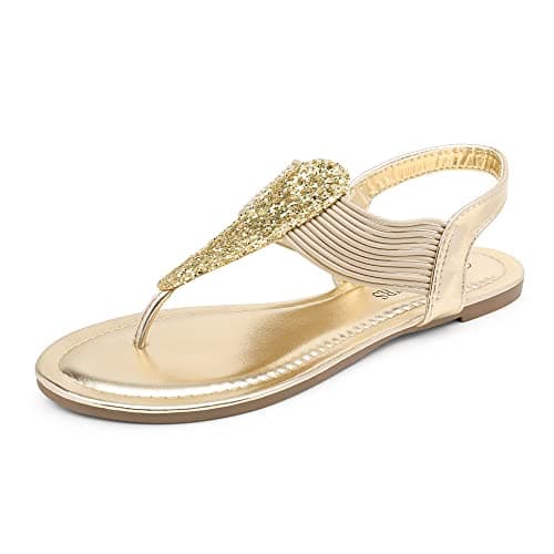 DREAM PAIRS Women's Elastic Strappy String Thong Ankle Strap Summer Gladiator Sandals,Size 5.5,Gold,SPPARKLY