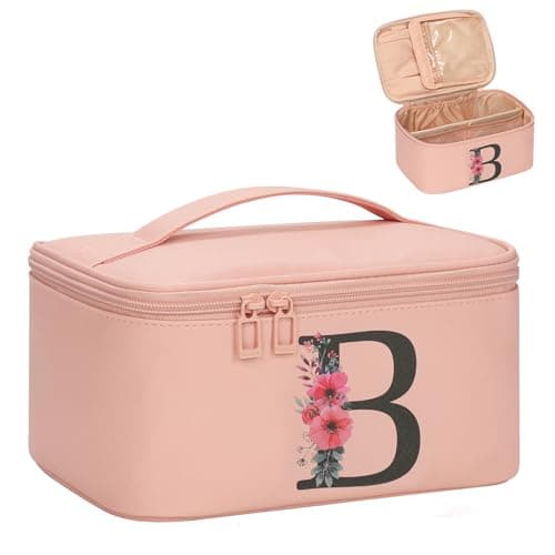 OCHEAL Initial Makeup Bag,Monogram Make up Bag Pink Travel Makeup Organizer Case Beauty Toiletry Cosmetic Bag with Brush Holder, Trendy Stuff Personalized Gifts for Women and Girls-B