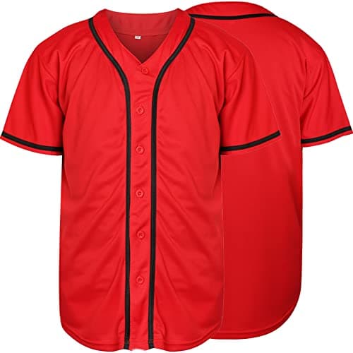 Plain Button Down Blank Baseball Jersey Short Sleeve Hipster Hip Hop T Shirts (Small, Red)