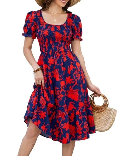 Lyrur Casual Spring Dress for Women Flowy A Line Midi Tiered U Neck Smocked Dress with Sleeve(S,2013 Navy Red Floral)