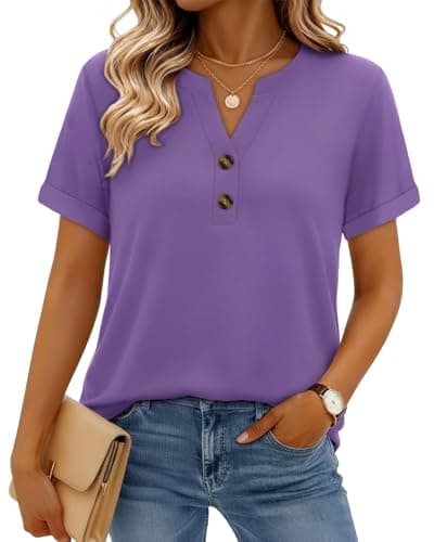 rosemia Henley Shirts for Women Short Sleeve Dressy Casual Blouses Summer V Neck Plus Size Tops 2026, Pure Purple, M