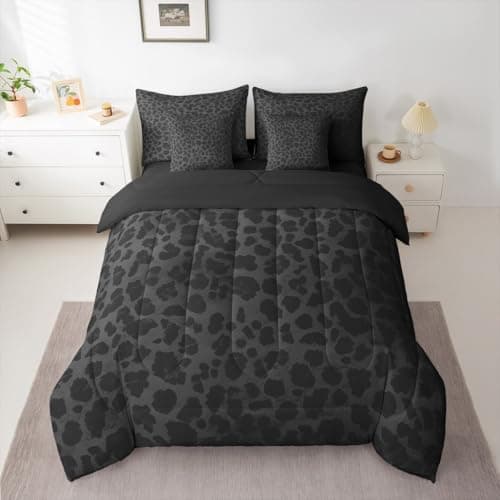 Feelyou Dark Black Leopard Comforter Set with Sheets 7 Piece Full Size Cheetah Bed in a Bag Kids Boys Girls Animal Print Bedding Set Leopard Fur Print Bedroom Decor Safari Breathable Soft Microfiber