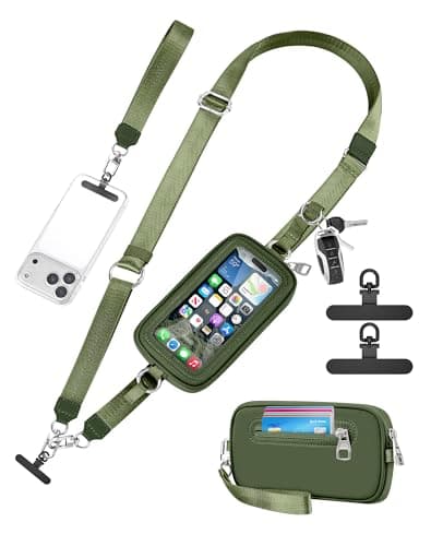 SHANSHUI Clip and Go Phone Strap Wallet Crossbody Phone Lanyard, Detachable Wristlet Strap with Zipper Phone Screen ID Window, 2 Pcs Metal Tether Pads Compatibe for iPhone & Most Smartphones Green