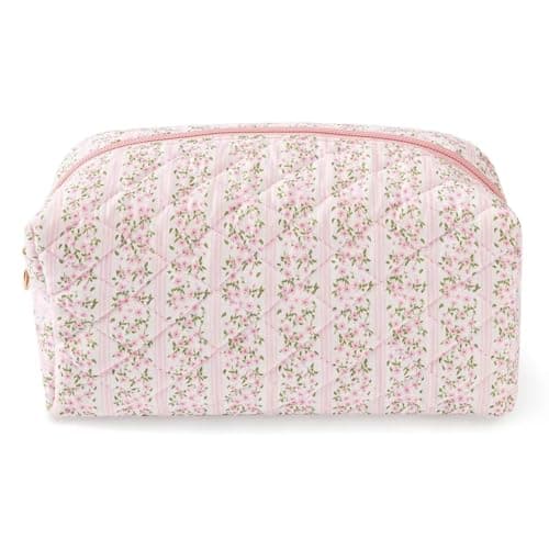 MZLUWM Floral Makeup Bag,Floral Quilted Makeup Pouch,Large Cosmetic Bag,Fashionable Travel Makeup Pouch, Cute Pink Makeup Bag,Puffy Coquette Make up Bag, Attractive Quilted Make up Bag