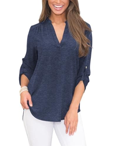 Womens Tops 3/4 Sleeve Split V Neck Blouses Dressy Casual Navy Blue