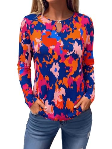 ANRABESS Long Sleeve Shirts for Women Metal Keyhole Neck Tops,Floral Color,M