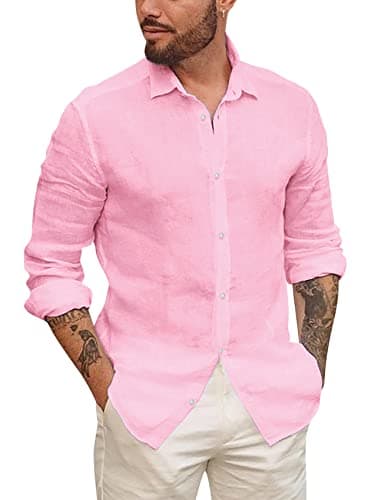 Mens Button Up Shirts Linen Beach Long Sleeve Casual Cotton Summer Lightweight Tops 1 Pink X-Large