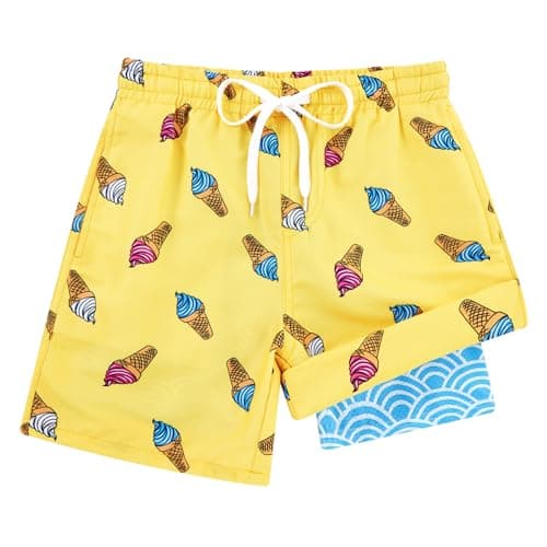Cozople Boys Bathing Suit Size 10-12 Breathable Ice Cream Print Swim Trunks with Compression Liner for Beach