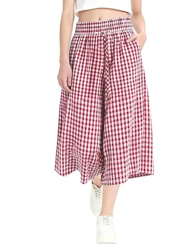 Rapbin Wide Leg Pants for Women Gingham Plaid Culottes Spring Summer High Waisted Baggy Palazzo Capri Pants with Pockets (Red White Plaid, L)