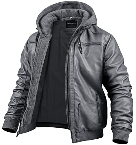 CREATMO US Men's Leather Jacket Bomber Jacket Leather Casual Stand Collar PU Faux Leather Zip-Up Motorcycle Bomber Jacket With a Removable Hood Grey Moderate 3XL