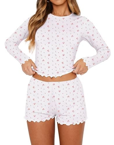 Lacozy Cute Pajama Sets for Women 2 Piece Floral Graphic Fall Pjs Long Sleeve Crew Neck Crop and Short Y2K Sleepwear L