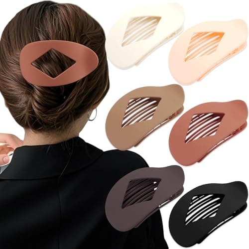 Atoden Large Flat Round Hair Clips Oval Claw Clips for Thick Medium Thin Hair 6Pcs Non Slip Strong Hold Barrettes Duckbill Accessories for Women Girls Matte Solid Neutral Color