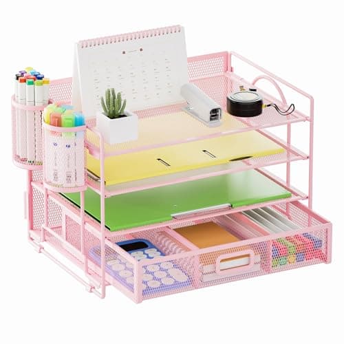 Marbrasse Desk Organizer and Accessories4-Tier Paper File Letter Tray Accessories & Workspace Desk Organizers with Drawer and 2 Pen Holders for School Home Office Supplies(Pink)
