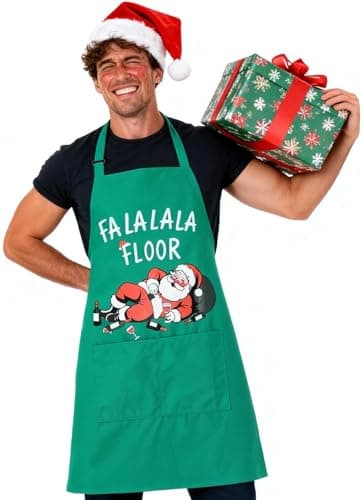 GIFTLIBRO Tipsy Santa Christmas Apron for Men & Women with Pockets, Funny Chef Costume Apron for Cooking, Baking, Kitchen Gift for Husband & Wife (Green, 1 Pack)