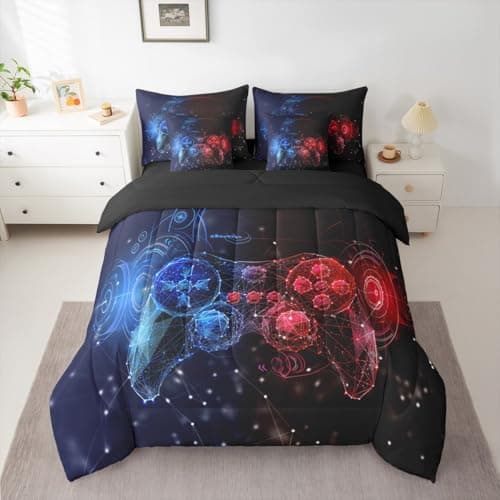 Erosebridal Red Blue Gamer Queen Bed in A Bag 7 Piece Gaming Consoles Comforter Set with Sheets Neon Bedding Sets for Teens Adults,3D Geometric Bed Set